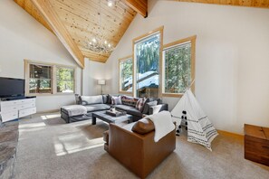 Smart TV, chimenea y libros 