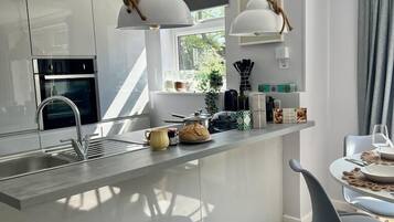 Full-size fridge, oven, stovetop, electric kettle