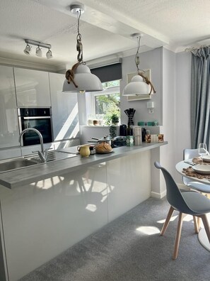 Full-size fridge, oven, stovetop, electric kettle