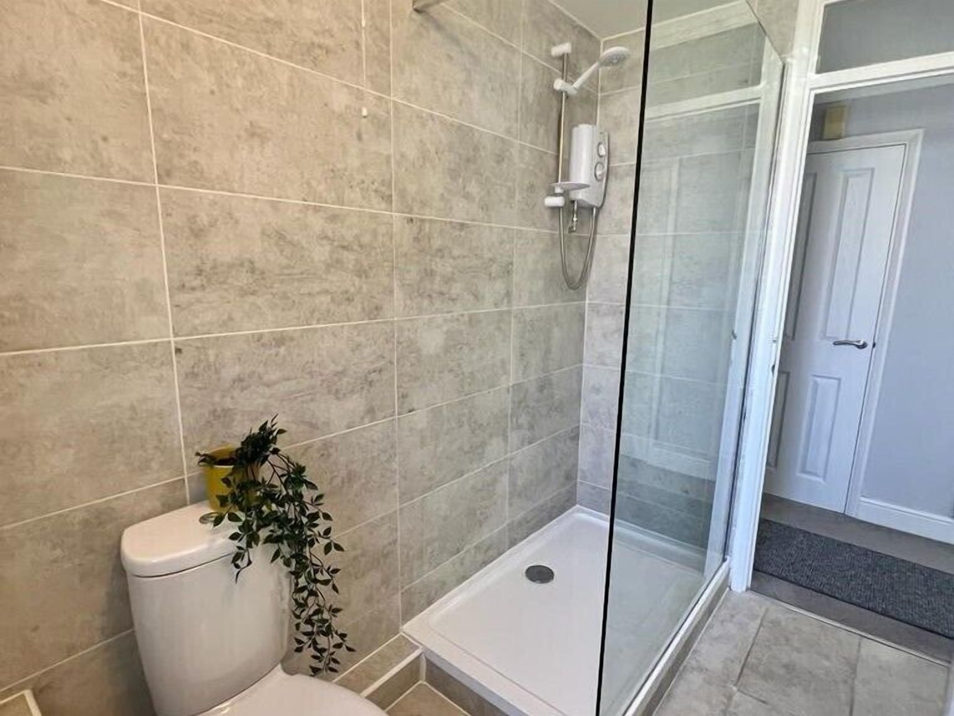 A bathroom with a shower, toilet, and a potted plant.