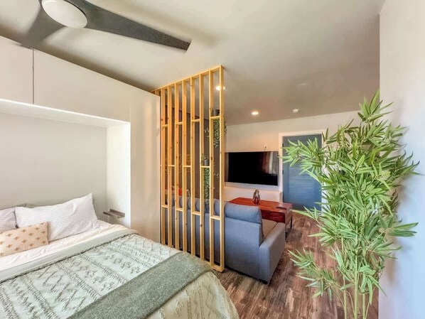 1 bedroom, desk, iron/ironing board, travel cot