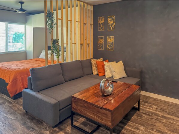 1 bedroom, desk, iron/ironing board, travel cot