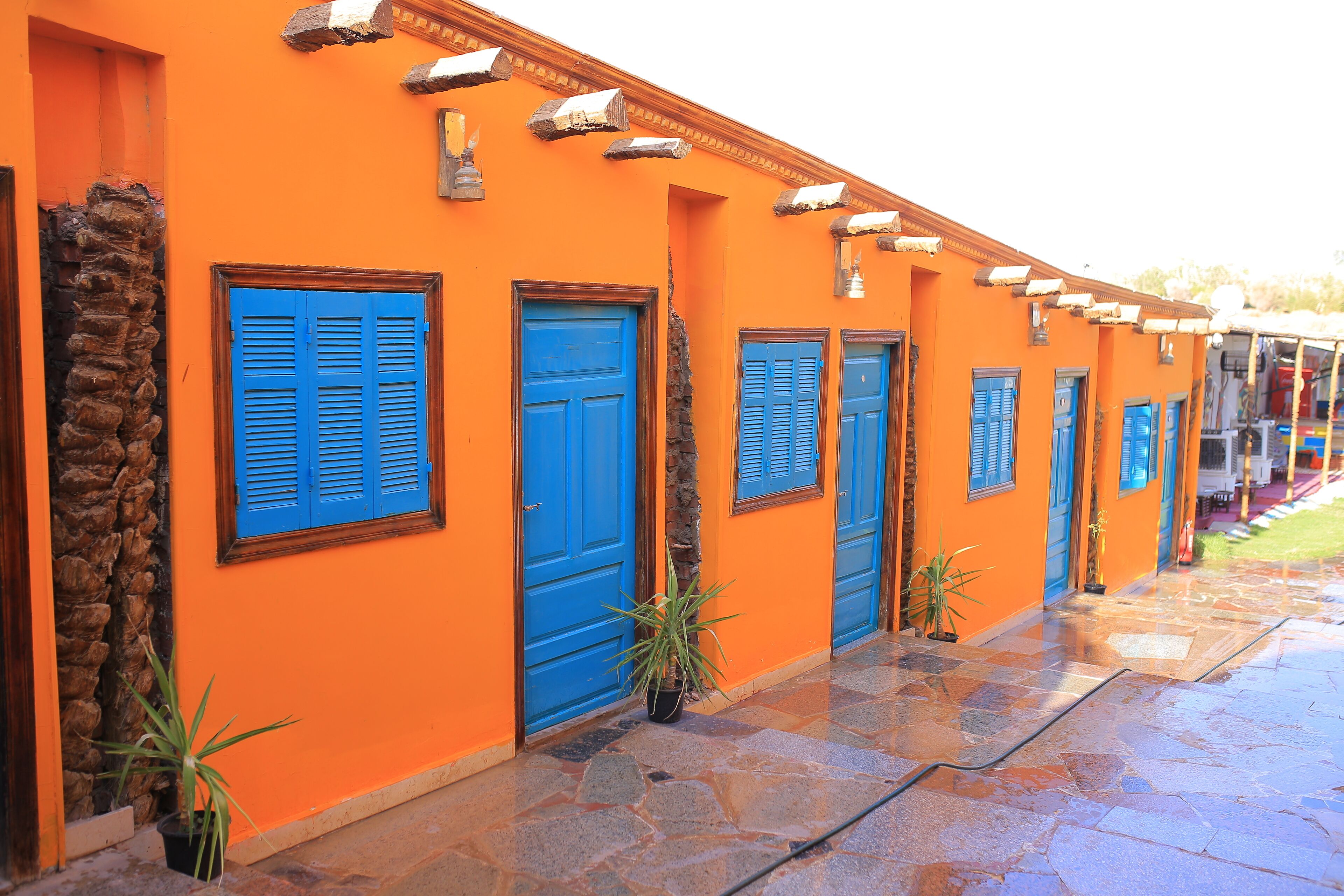 Une rangée de bâtiments orange avec des portes et des volets bleus, des escaliers en pierre et des plantes en pot.