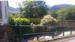 A fenced garden area with a chair, a potted plant, and a building in the background. - Chez Nadine (Ranspach)