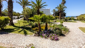 Un sendero adoquinado que conduce a un edificio blanco rodeado de palmeras y un pequeño estanque.