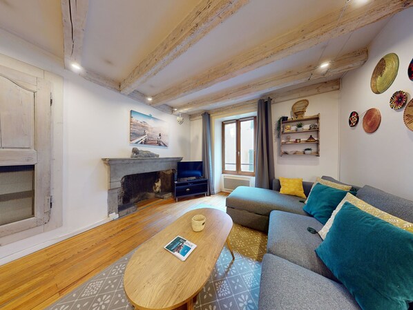 A cozy living room with a fireplace, a sofa, a coffee table, and a television. - Le Cocon Rousseau - Pretty T2 in Old Town (Annecy)