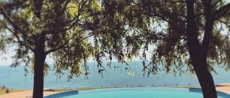 Alberca al aire libre por temporada y sombrillas en la alberca