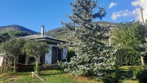 Une maison avec un toit en pente, une cheminée et un jardin planté d’arbres et d’arbustes.
