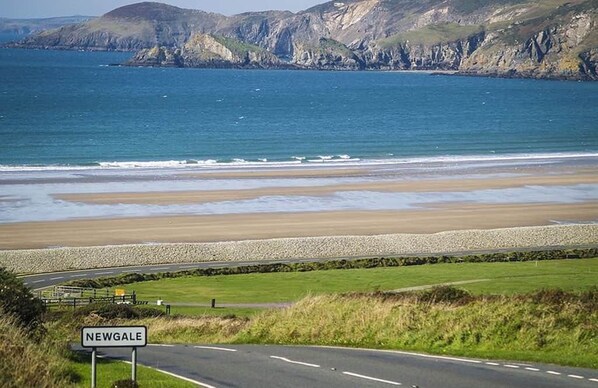 Una carretera costera con un cartel que dice 'NEWGALE'.