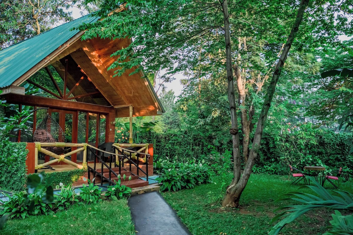 A wooden cabin with a porch, surrounded by lush greenery and trees.