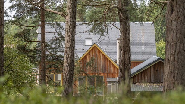 Maalaishenkinen mökki, jonka ulkoseinät ovat puuta, ja jota ympäröivät korkeat puut.