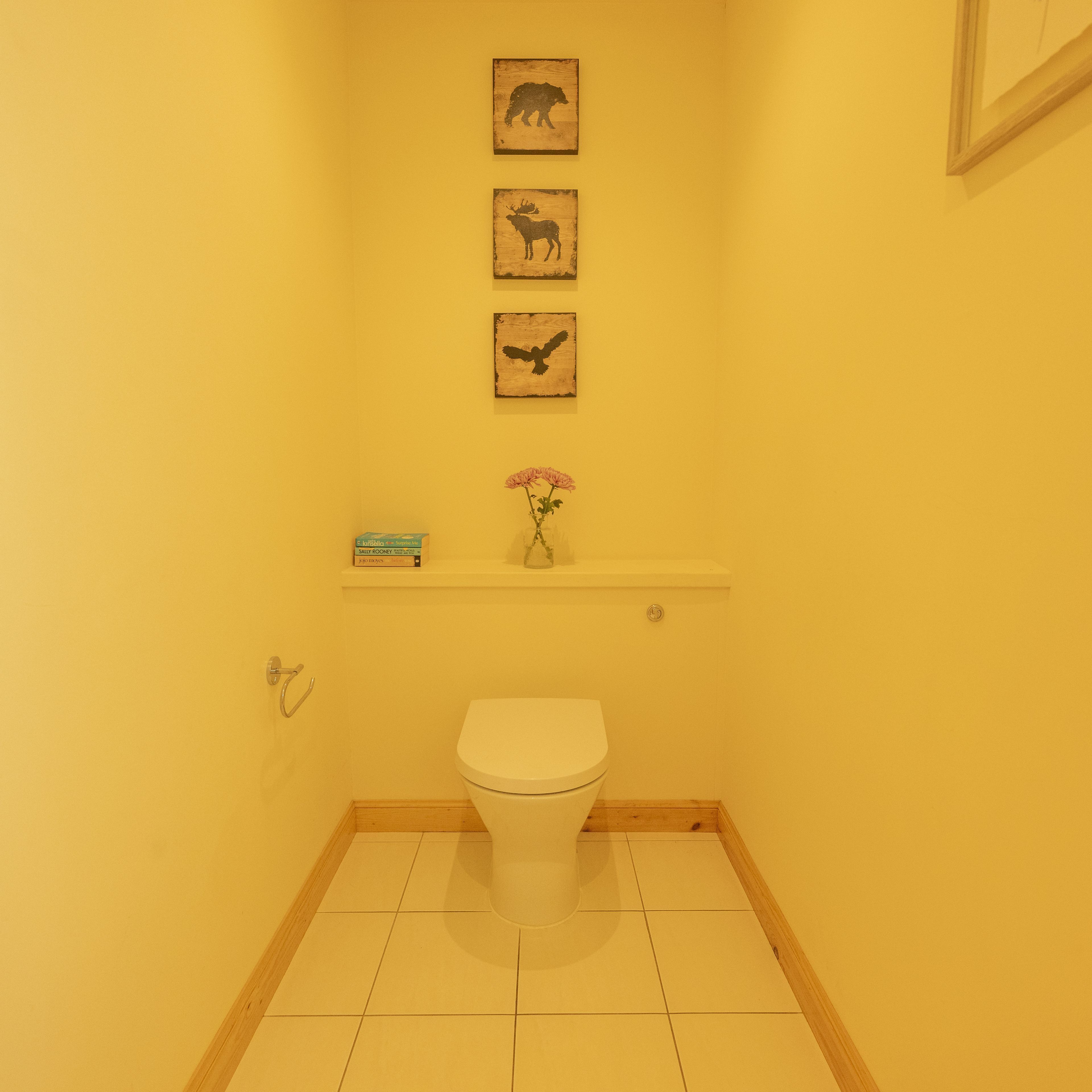 A small bathroom with a toilet, a shelf with books, and three wall-mounted animal silhouettes.