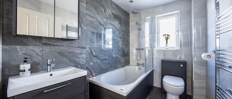 Hair dryer, towels, soap, shampoo