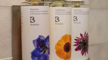 Shower, hair dryer, towels, shampoo