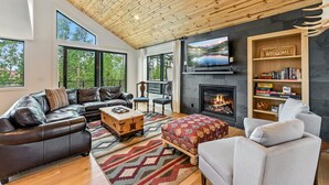 A modern living room with a fireplace, leather sofas, a large TV, and a bookshelf. - Ski-In/Ski-Out Breckenridge Retreat with Hot Tub (Breckenridge)