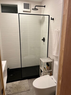 Douche, serviettes fournies, savon, shampooing