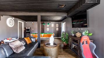 Televisión, chimenea y libros