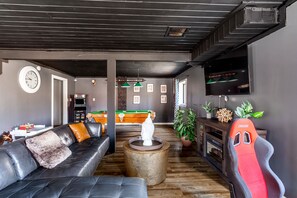 TV, fireplace, books
