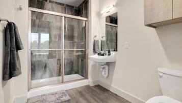 Shower, hair dryer, towels