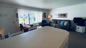 Quarto com cama, sofá, televisão e janela com cortinas.