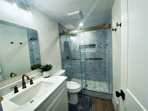 Douche, séchoir à cheveux, serviettes fournies, savon