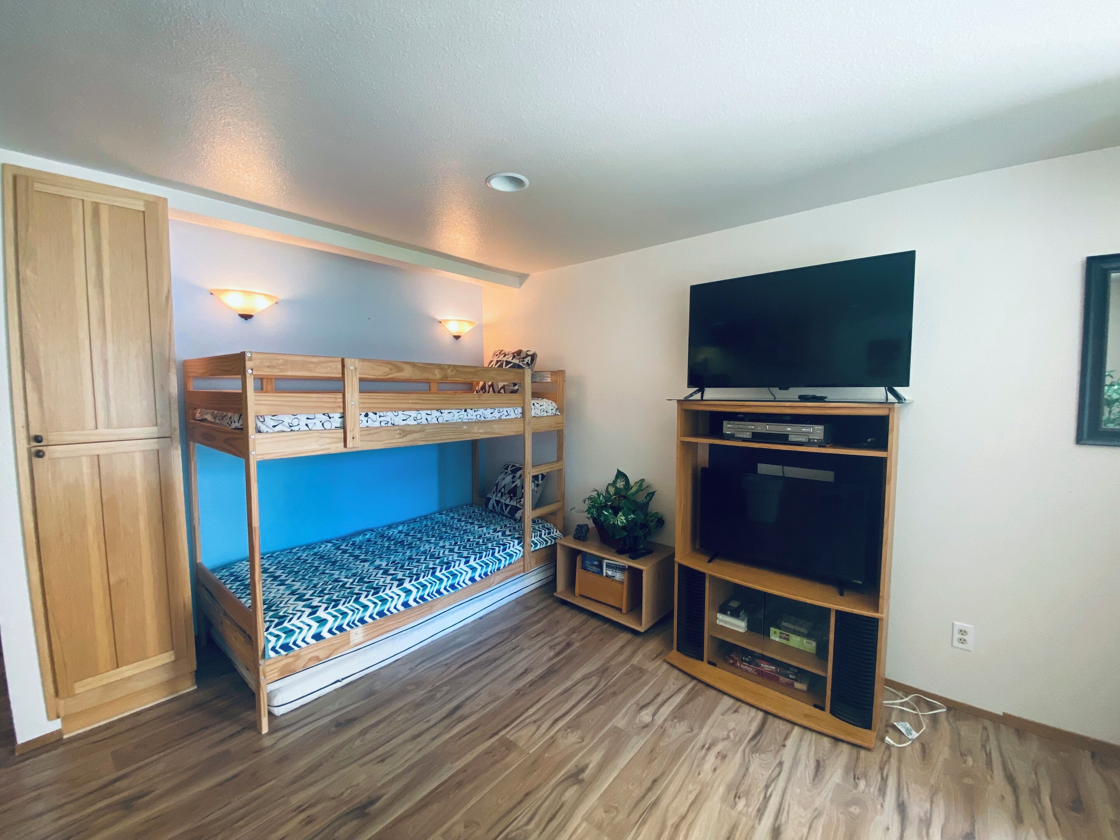 A bunk bed with a patterned mattress, a wooden wardrobe, a television on a wooden stand, and a small plant.