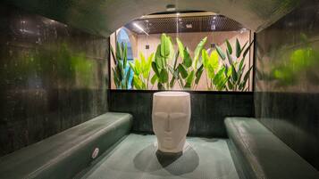 Couples treatment rooms, sauna, hot tub, steam room, hot stone massages