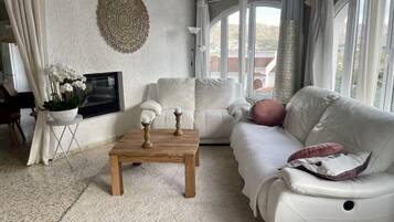 Een smart-tv, een open haard, een dvd-speler en een stereo