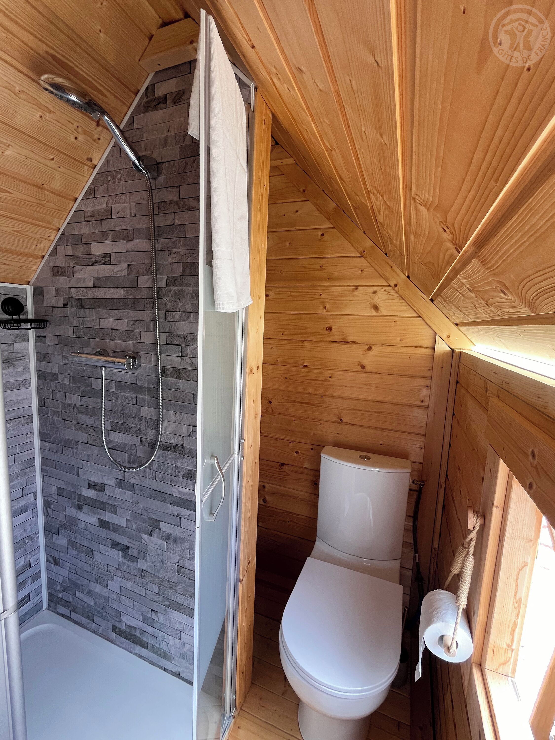 Un baño de cabaña de madera con ducha, inodoro y una toalla colgada en la pared.