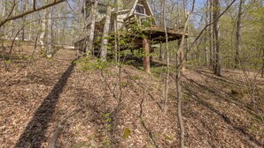 Une cabane en bois située dans une forêt, dotée d’une terrasse en bois et d’un escalier menant à l’entrée.