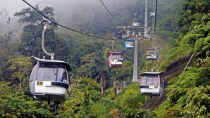 A cable car system in a lush, mountainous area with greenery and mist.