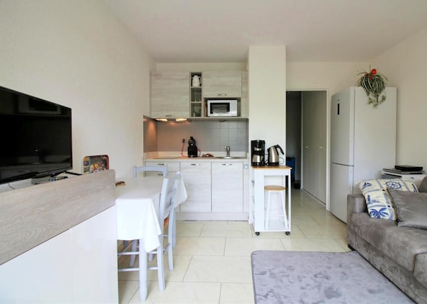 A compact living space with a kitchenette, a dining area, a sofa, and a TV.