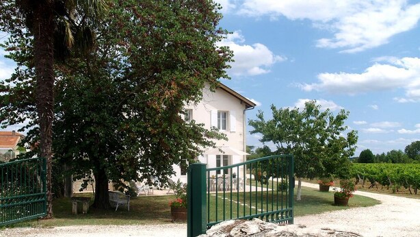 A white building with a green gate, surrounded by trees and a gravel driveway.