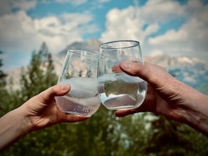 Två händer håller i glas med vatten mot en bakgrund av ett bergigt landskap.
