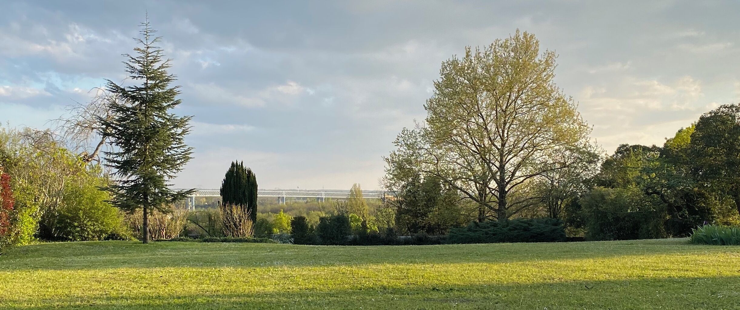 A grassy field with trees and a bridge in the background.