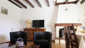 Een televisie en een open haard