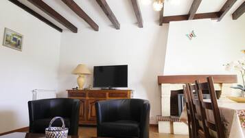 Een televisie en een open haard