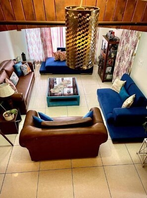 Smart TV, fireplace, books, stereo