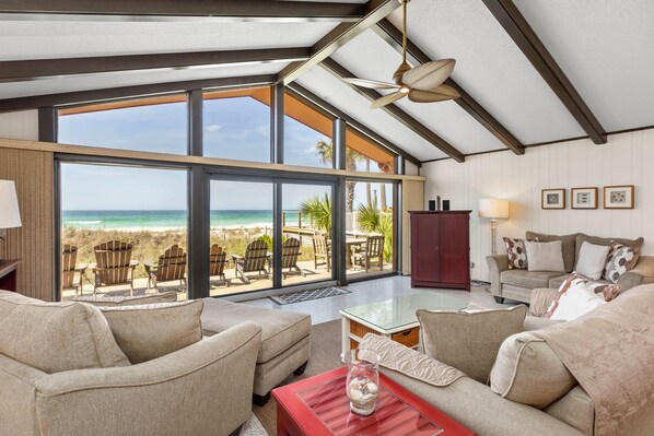 House, Multiple Beds, Patio, Ocean View | Living area | TV - Gulf Front 3bd/2ba Home With Private Beach Access! (Panama City Beach)