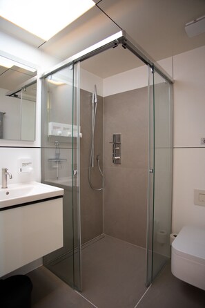 A modern bathroom with a glass-enclosed shower, a white sink, and a toilet. - Spreeapartment JULIA (Berlin)