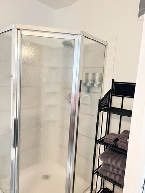 Shower, hair dryer, towels, soap