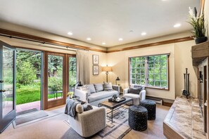 TV, fireplace, books