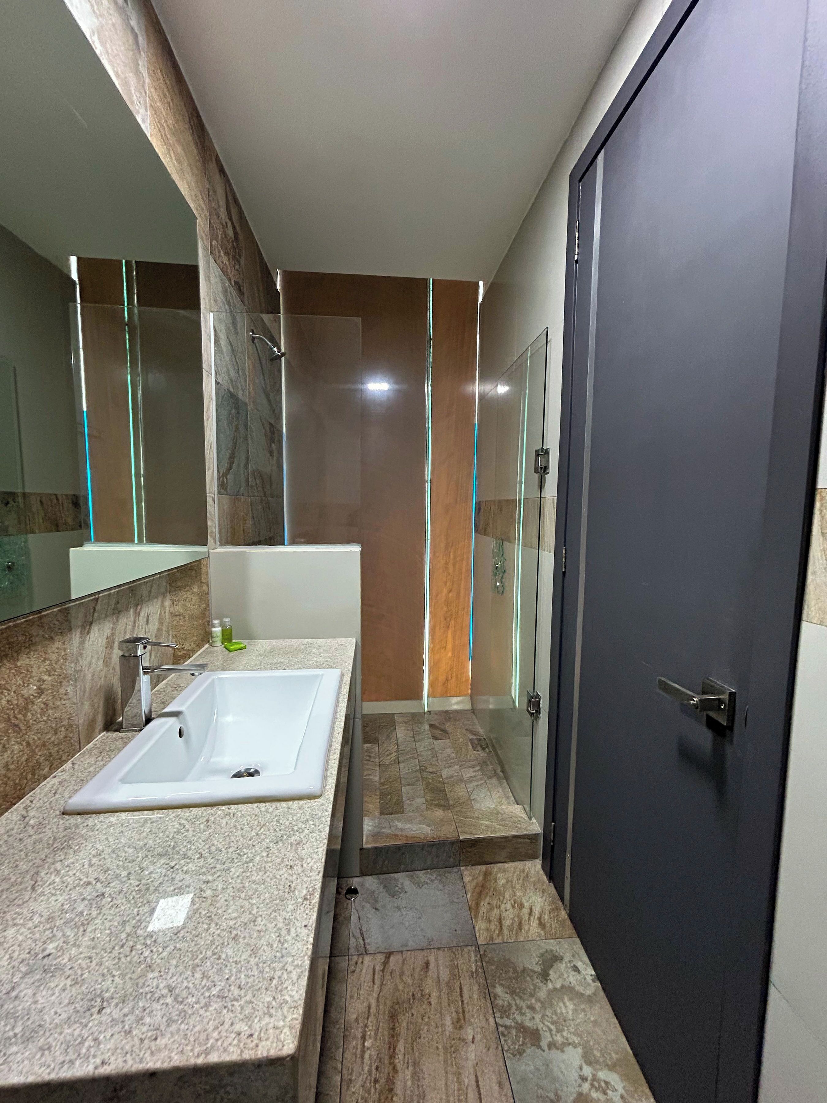 A modern bathroom with a large sink, a glass shower enclosure, and a dark door.