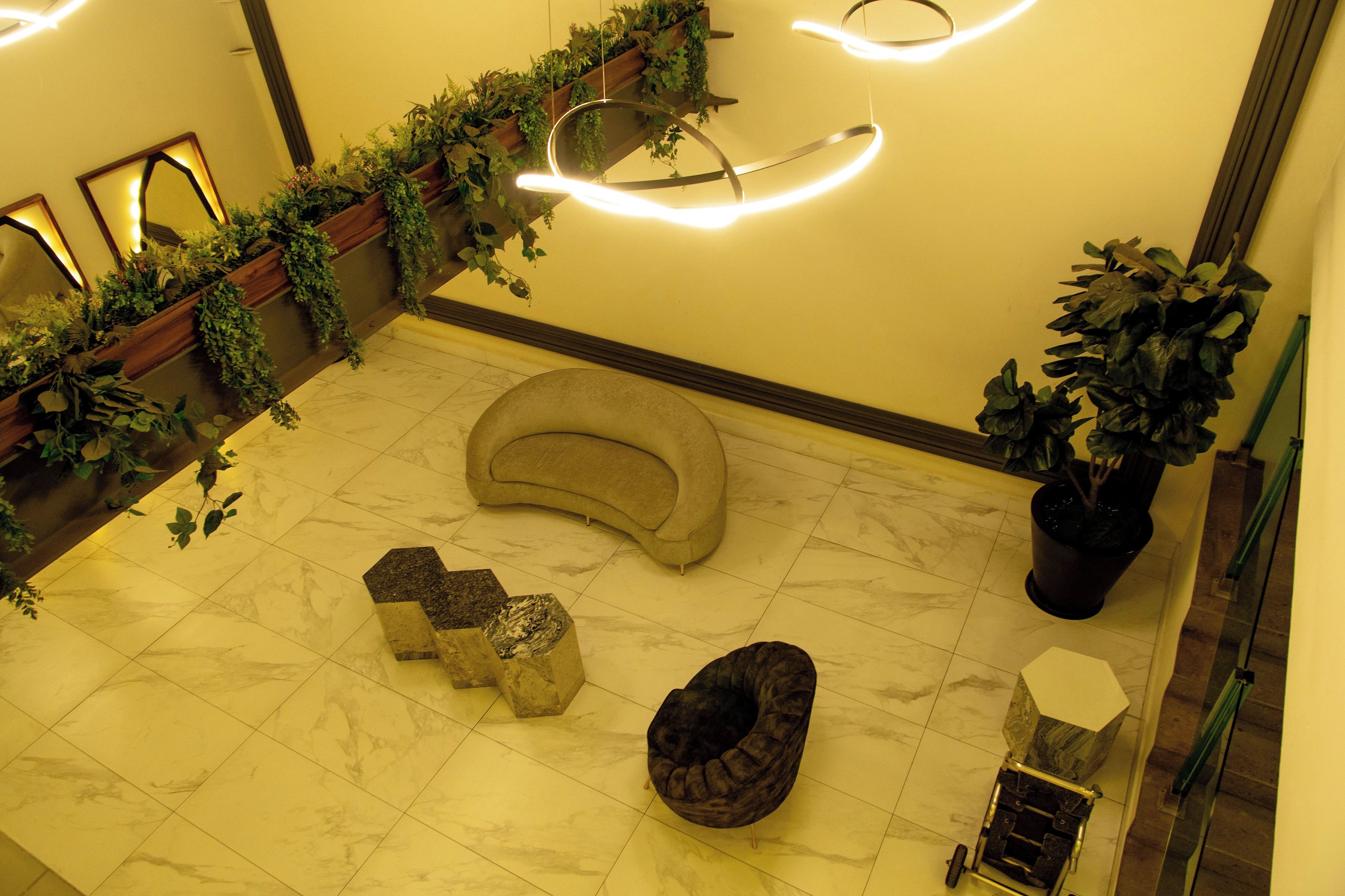 A lobby with a curved seating area, a potted plant, and a unique light fixture.