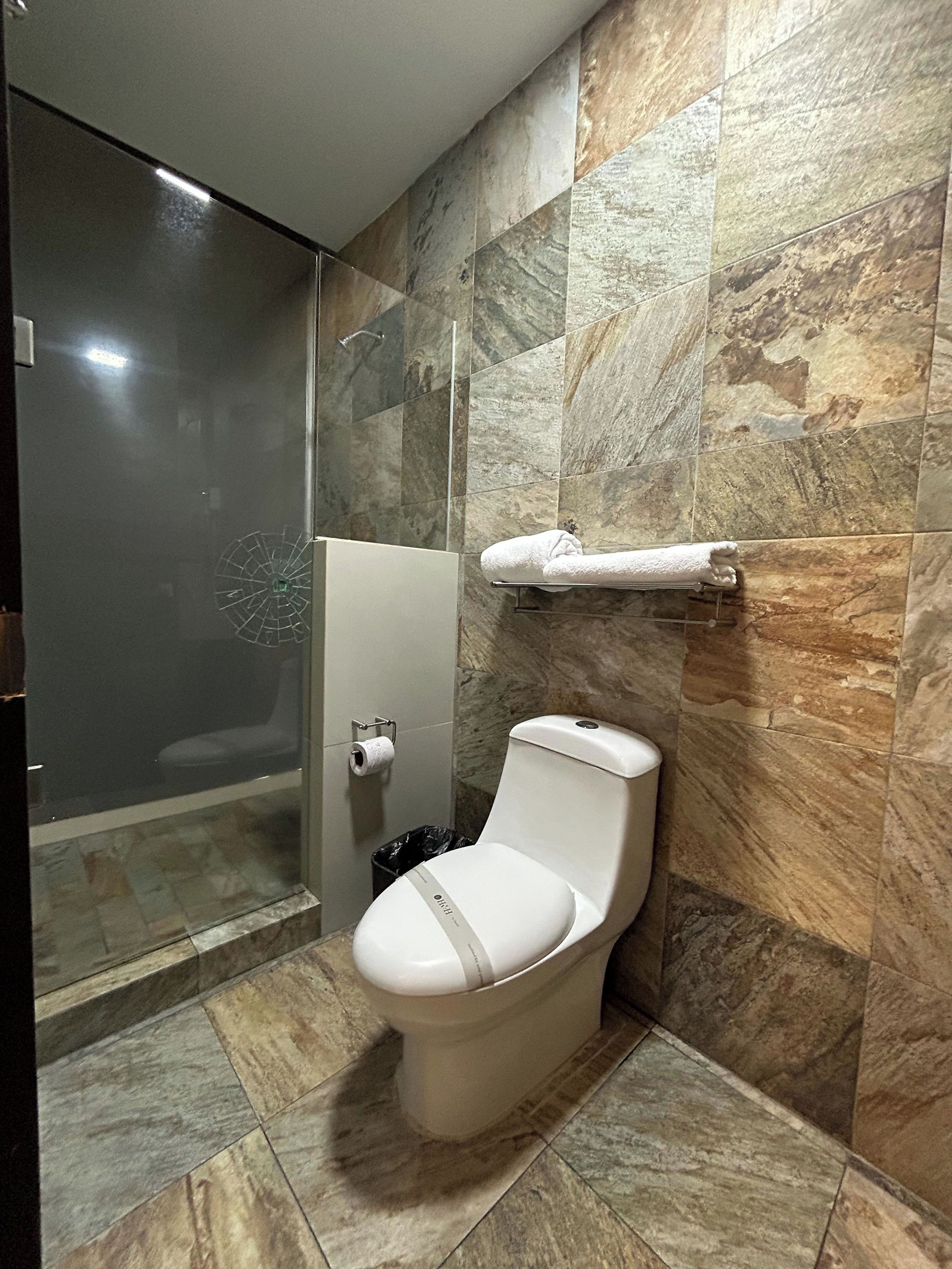 A bathroom with a toilet, a glass shower enclosure, and marble walls.