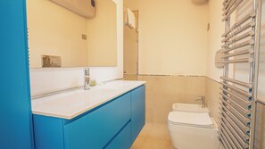 Shower, hair dryer, bidet, towels