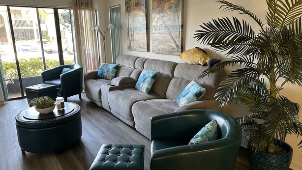 Ein modernes Wohnzimmer mit grauem Sofa, schwarzen Ohrensesseln, einem runden Couchtisch und einer großen Topfpflanze.