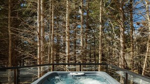 Un bain à remous entouré d’arbres.
