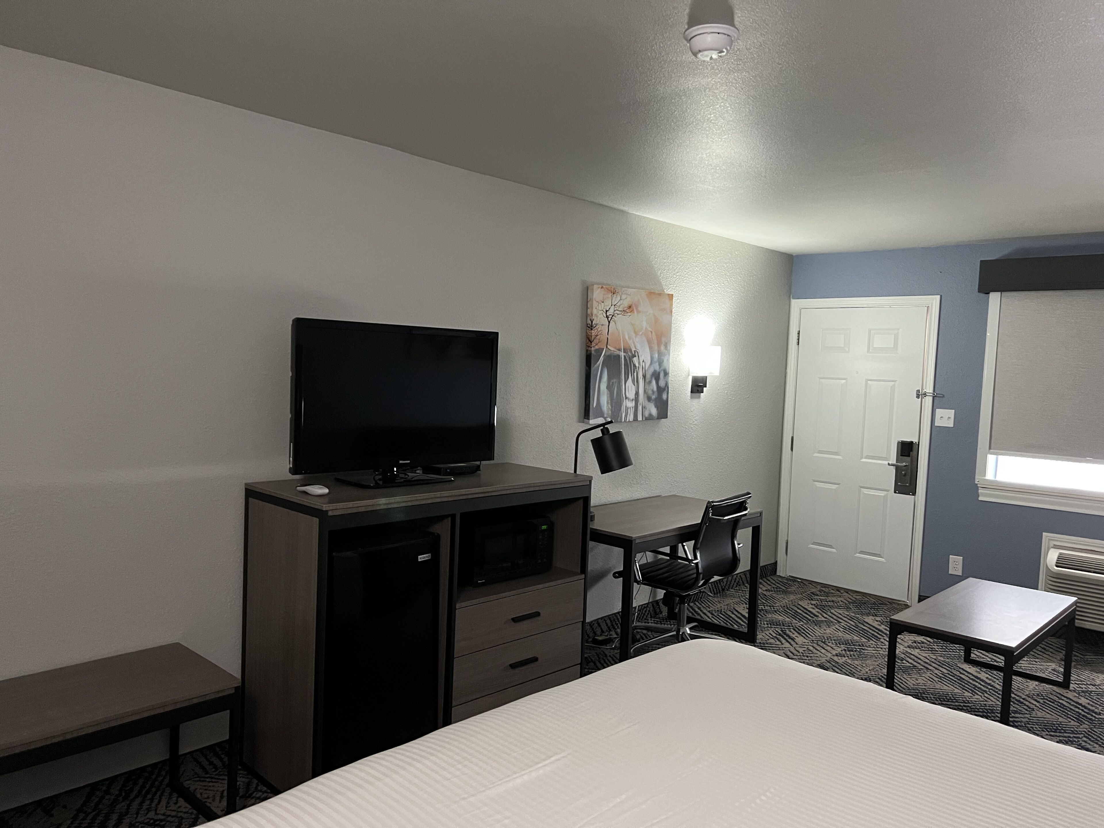 Une chambre d’hôtel avec un lit, un bureau et une chaise, une télévision et un tableau au mur.