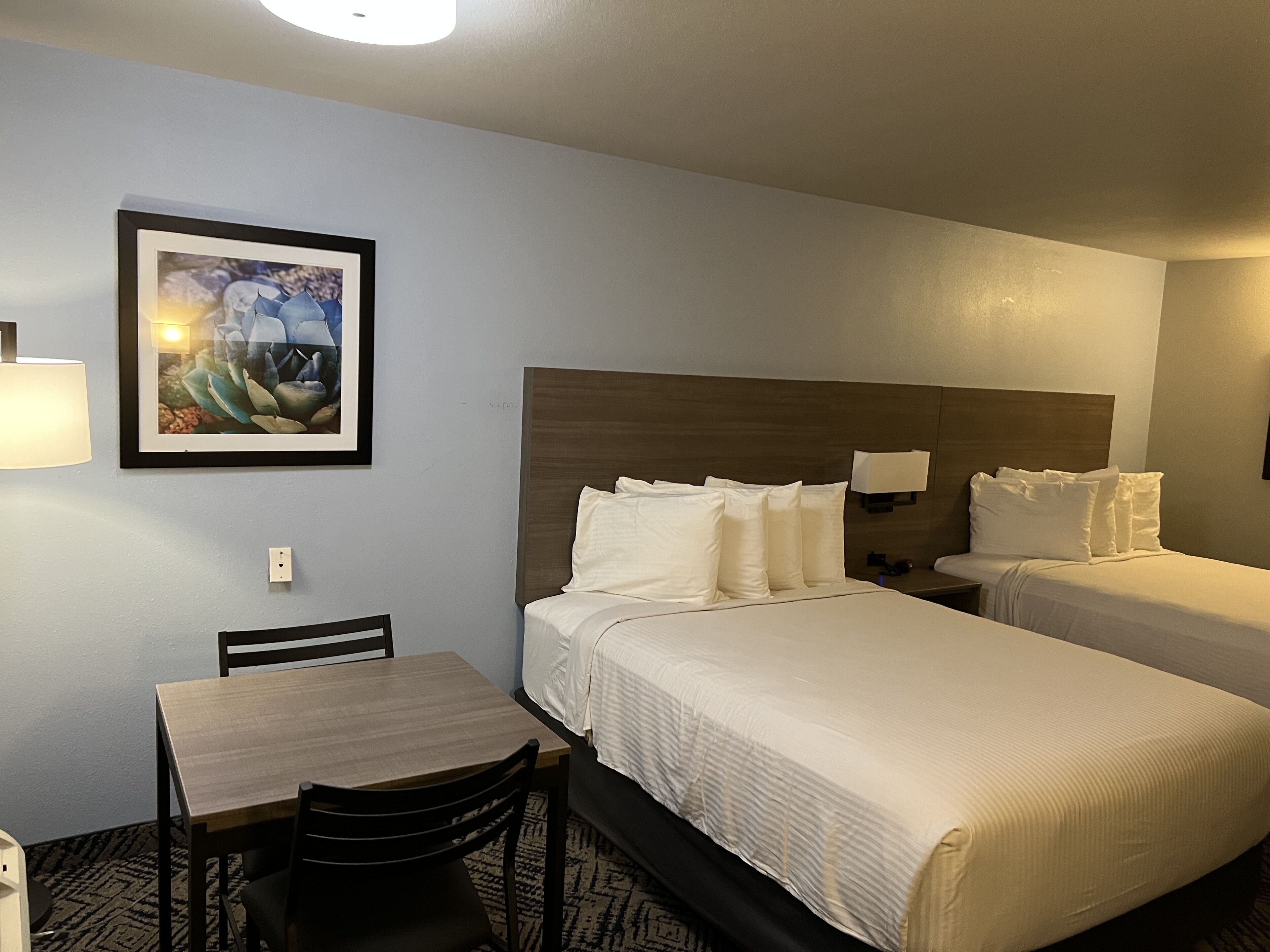 Una camera d'albergo con un letto, un comodino, una sedia e un quadro incorniciato appeso al muro.
